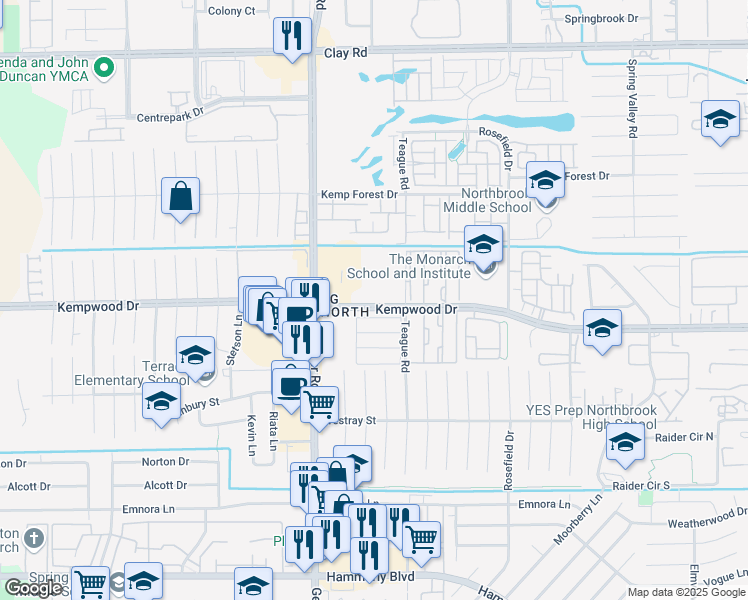 map of restaurants, bars, coffee shops, grocery stores, and more near 10108 Kempwood Drive in Houston