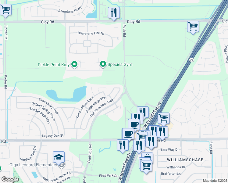 map of restaurants, bars, coffee shops, grocery stores, and more near 3518 Single Ridge Way in Katy