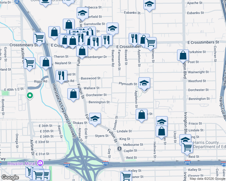 map of restaurants, bars, coffee shops, grocery stores, and more near 301 Dorchester Street in Houston