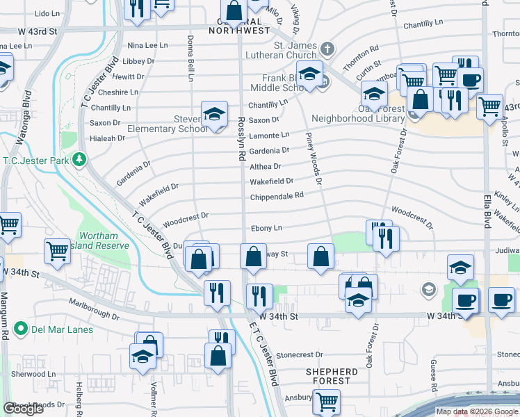 map of restaurants, bars, coffee shops, grocery stores, and more near 1734 Woodcrest Dr in Houston