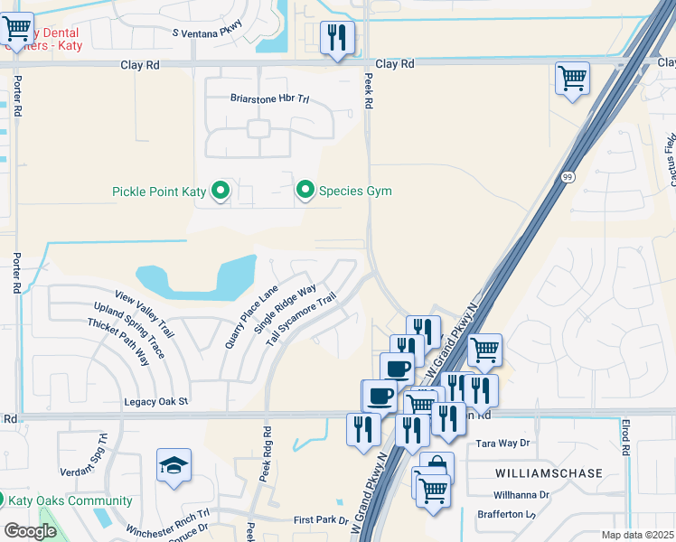 map of restaurants, bars, coffee shops, grocery stores, and more near 3518 Single Ridge Way in Katy