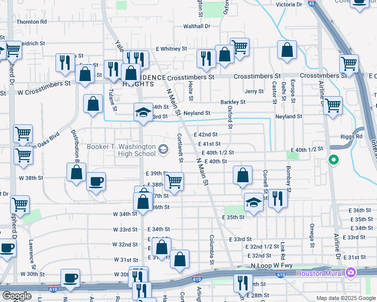 map of restaurants, bars, coffee shops, grocery stores, and more near 407 East 40th 1/2 Street in Houston