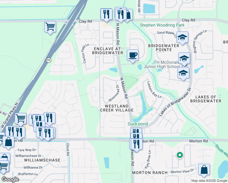 map of restaurants, bars, coffee shops, grocery stores, and more near 22031 Rivermead Drive in Katy