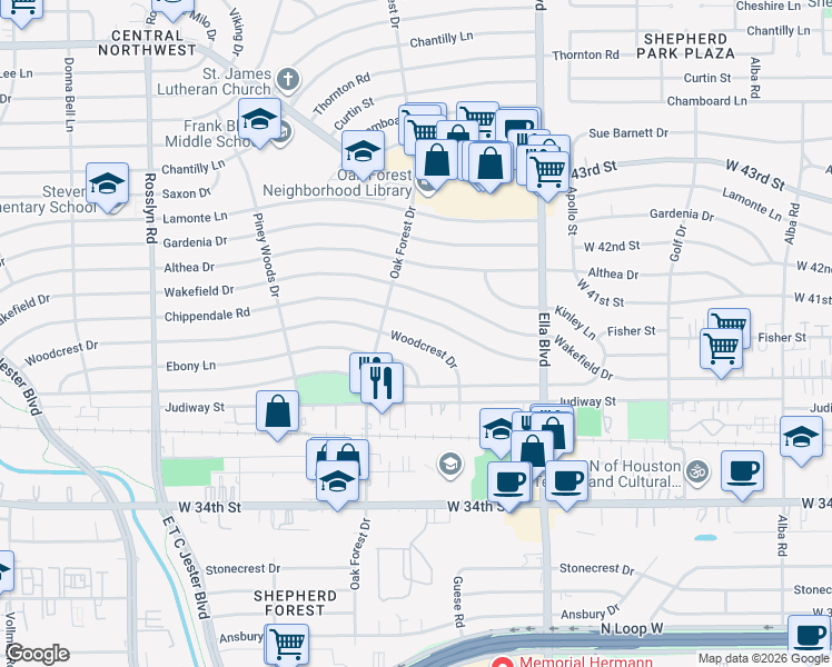 map of restaurants, bars, coffee shops, grocery stores, and more near 1352 Woodcrest Drive in Houston