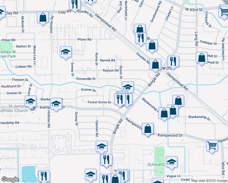 map of restaurants, bars, coffee shops, grocery stores, and more near 3111 Farmington Street in Houston