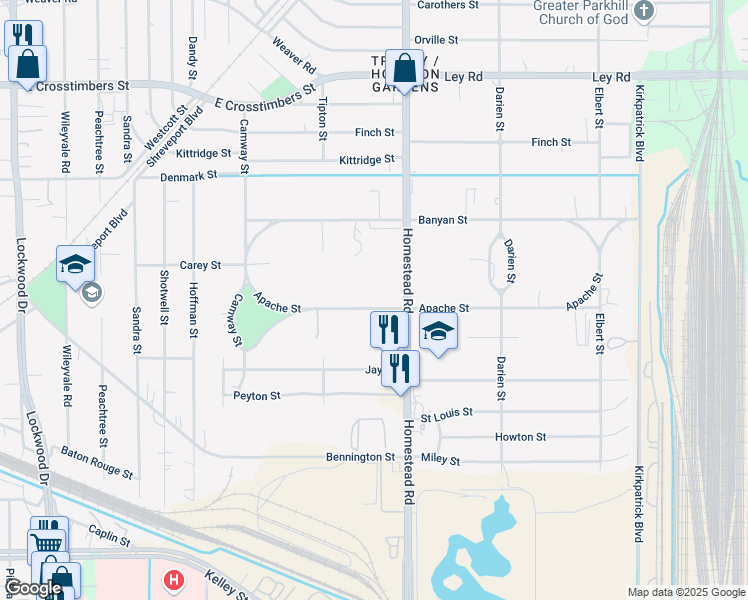 map of restaurants, bars, coffee shops, grocery stores, and more near 7009 Apache Street in Houston