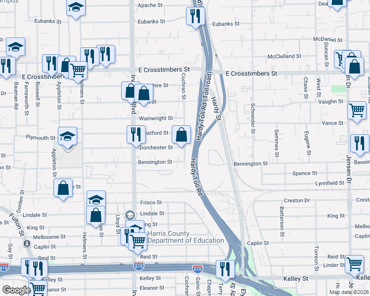 map of restaurants, bars, coffee shops, grocery stores, and more near 6930 Cochran Street in Houston