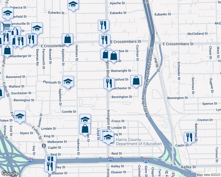 map of restaurants, bars, coffee shops, grocery stores, and more near in Houston