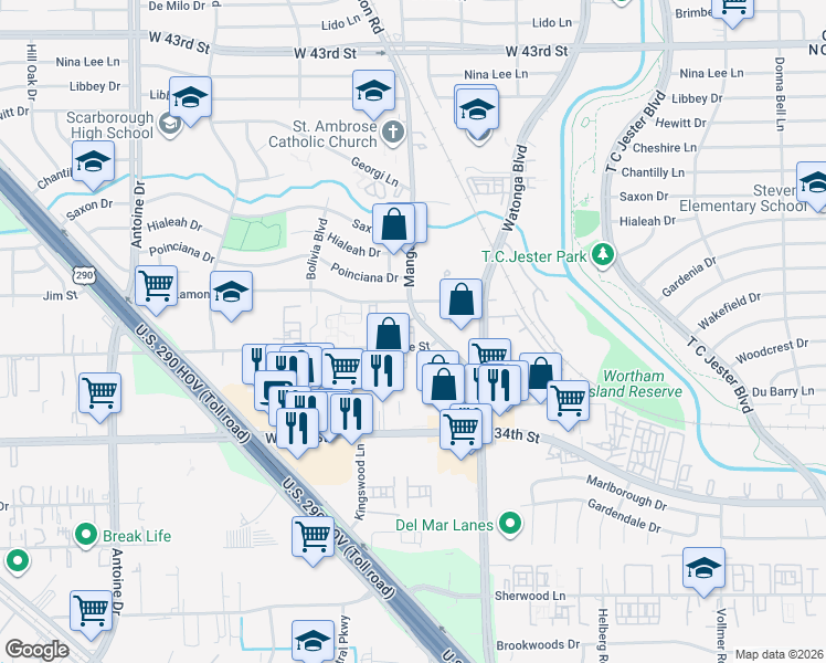 map of restaurants, bars, coffee shops, grocery stores, and more near in Houston