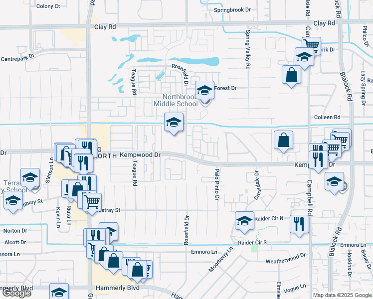 map of restaurants, bars, coffee shops, grocery stores, and more near 2815 Rosefield Drive in Houston
