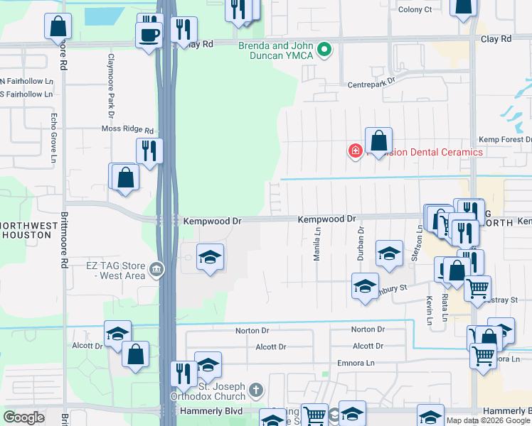 map of restaurants, bars, coffee shops, grocery stores, and more near 2803 Shadow Woods Court in Houston
