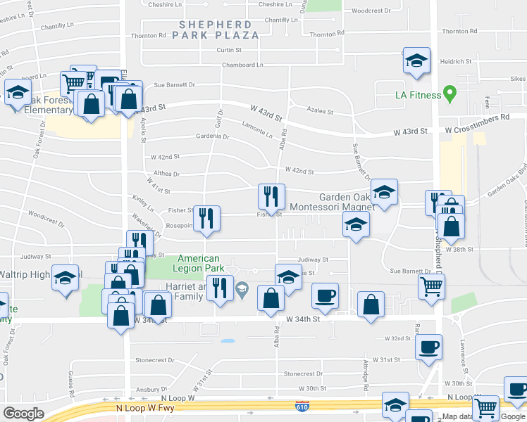 map of restaurants, bars, coffee shops, grocery stores, and more near 4001 Alba Road in Houston