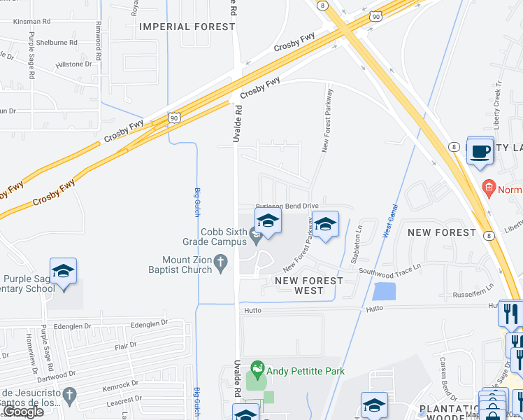 map of restaurants, bars, coffee shops, grocery stores, and more near 14502 Burleson Bend Drive in Houston