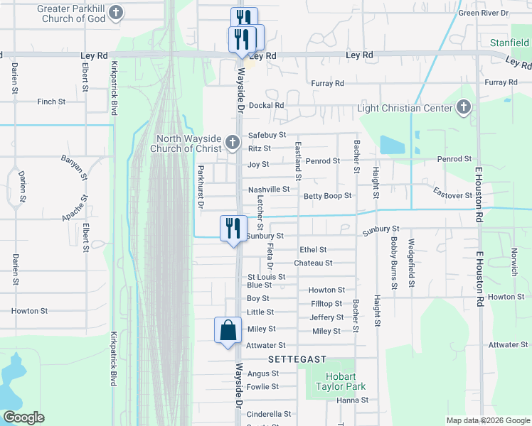 map of restaurants, bars, coffee shops, grocery stores, and more near 6610 Letcher Street in Houston
