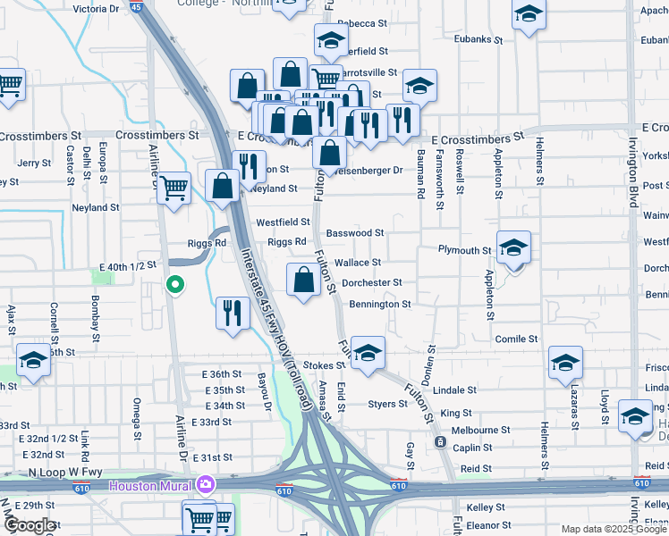 map of restaurants, bars, coffee shops, grocery stores, and more near 6979 Fulton Street in Houston