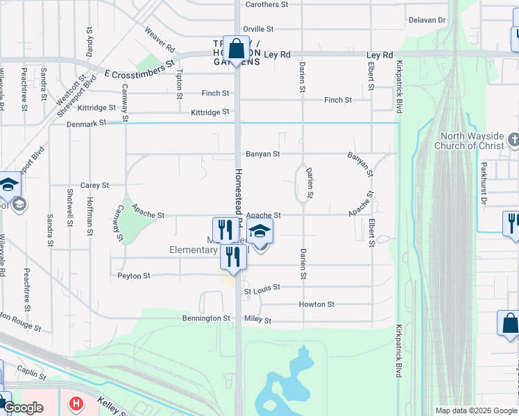 map of restaurants, bars, coffee shops, grocery stores, and more near 7115 Apache Street in Houston
