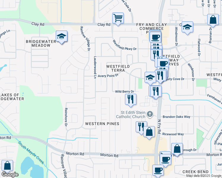 map of restaurants, bars, coffee shops, grocery stores, and more near 3611 Havenmoor Place in Katy