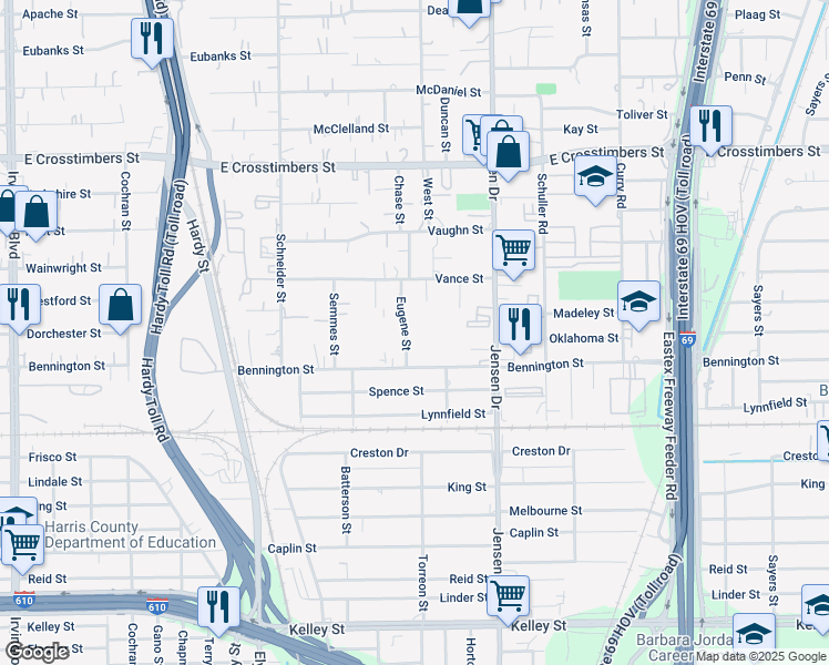 map of restaurants, bars, coffee shops, grocery stores, and more near 7006 Eugene Street in Houston