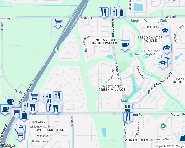 map of restaurants, bars, coffee shops, grocery stores, and more near 3318 Twin Meadow Lane in Katy
