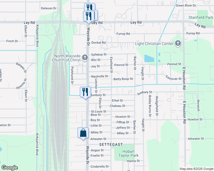 map of restaurants, bars, coffee shops, grocery stores, and more near 7968 Henson Street in Houston