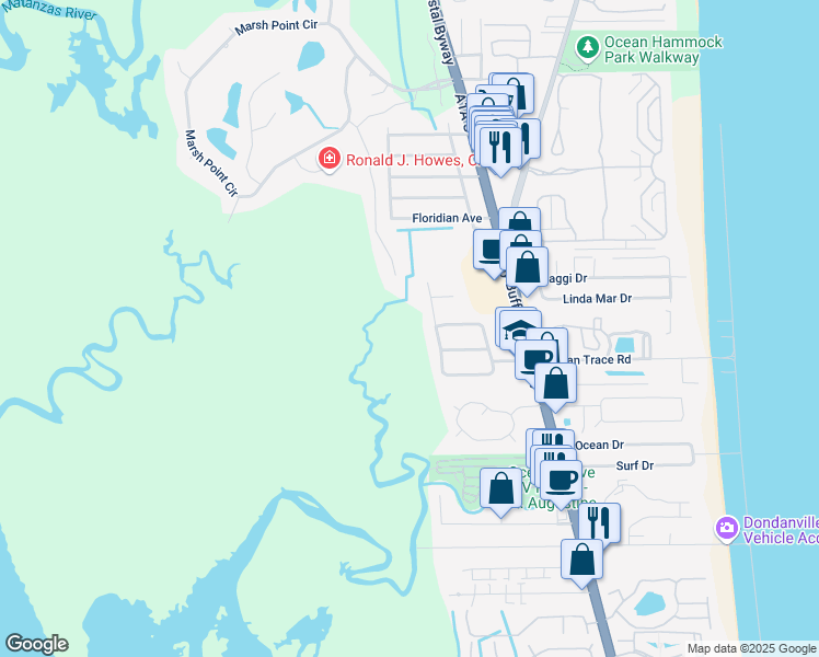map of restaurants, bars, coffee shops, grocery stores, and more near 346 South Ocean Trace Road in St. Augustine