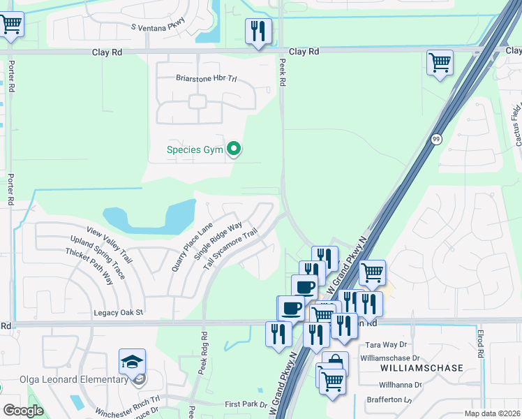map of restaurants, bars, coffee shops, grocery stores, and more near 3518 Single Ridge Way in Katy