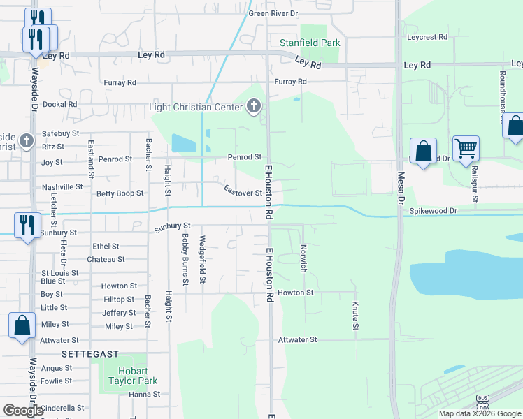 map of restaurants, bars, coffee shops, grocery stores, and more near 6517 East Houston Road in Houston