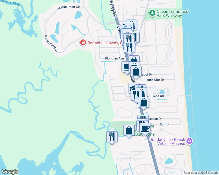 map of restaurants, bars, coffee shops, grocery stores, and more near 346 South Ocean Trace Road in St. Augustine