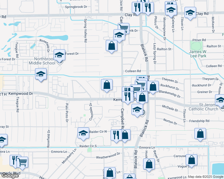 map of restaurants, bars, coffee shops, grocery stores, and more near 9540 Kempwood Drive in Houston