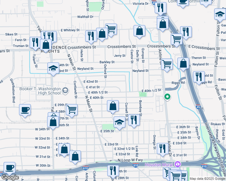 map of restaurants, bars, coffee shops, grocery stores, and more near 707 E 40th 1/2 St in Houston