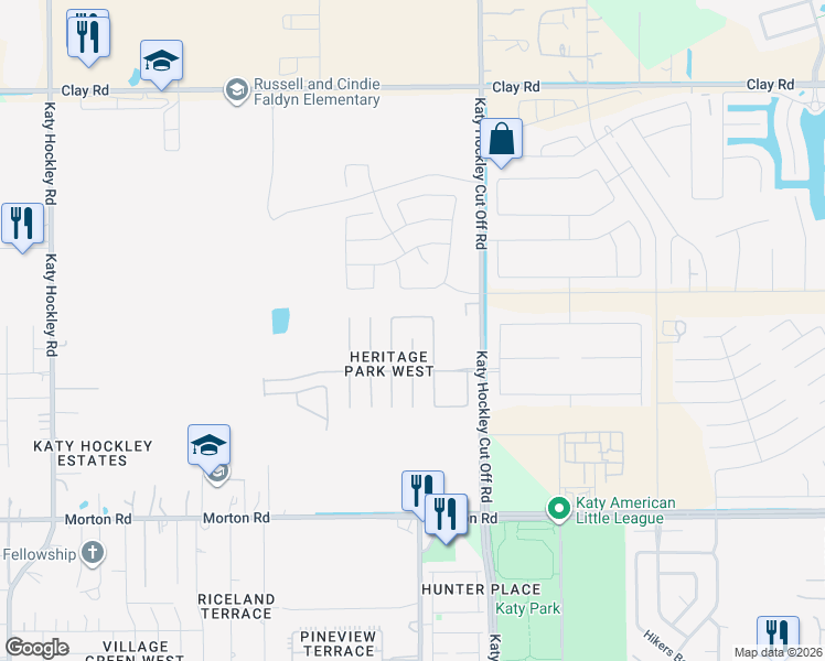 map of restaurants, bars, coffee shops, grocery stores, and more near 3360 Berzin Court in Katy