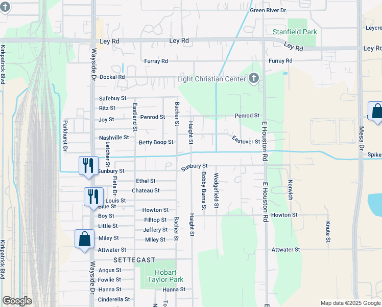 map of restaurants, bars, coffee shops, grocery stores, and more near 8211 Sunbury Street in Houston