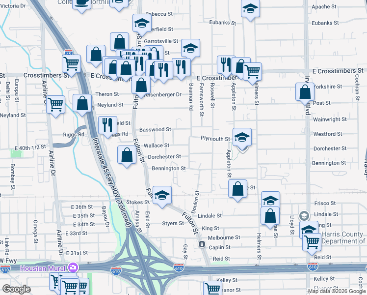 map of restaurants, bars, coffee shops, grocery stores, and more near 301 Dorchester St in Houston