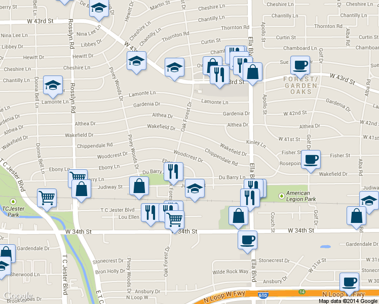 map of restaurants, bars, coffee shops, grocery stores, and more near 1352 Woodcrest Drive in Houston