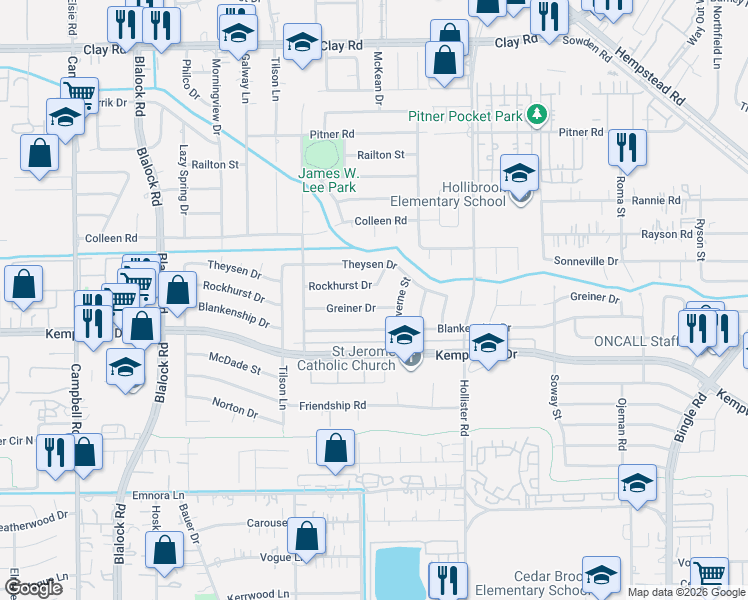 map of restaurants, bars, coffee shops, grocery stores, and more near 8922 Greiner Drive in Houston