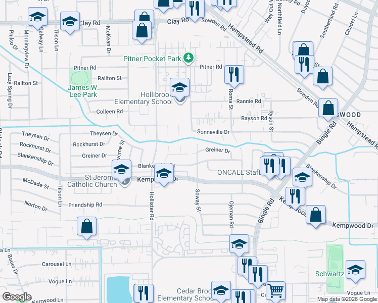 map of restaurants, bars, coffee shops, grocery stores, and more near 8710 Greiner Drive in Houston