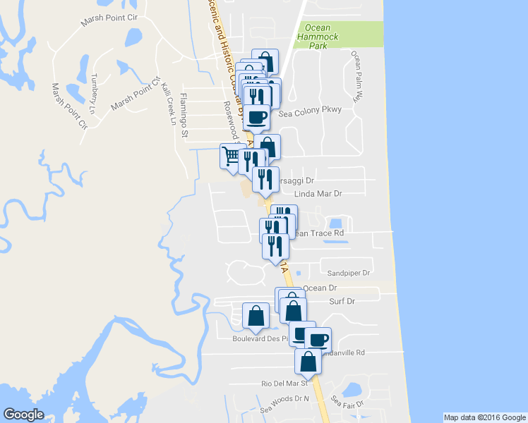 map of restaurants, bars, coffee shops, grocery stores, and more near 3955 A1A South in St. Augustine