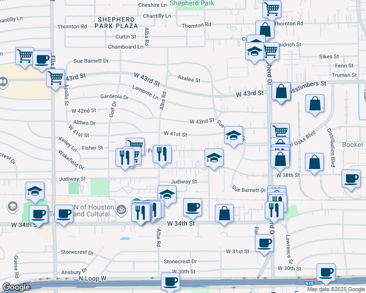 map of restaurants, bars, coffee shops, grocery stores, and more near 844 Fisher Street in Houston