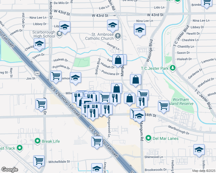 map of restaurants, bars, coffee shops, grocery stores, and more near 5000 Milwee Street in Houston