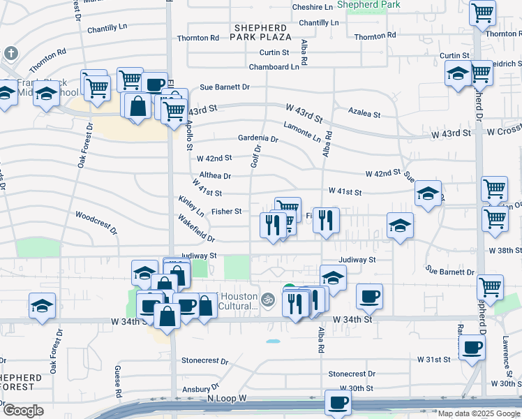 map of restaurants, bars, coffee shops, grocery stores, and more near 960 Fisher Street in Houston