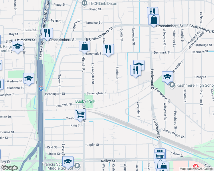 map of restaurants, bars, coffee shops, grocery stores, and more near 4417 Bennington Street in Houston