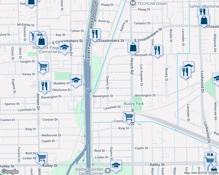 map of restaurants, bars, coffee shops, grocery stores, and more near 6915 Sayers Street in Houston