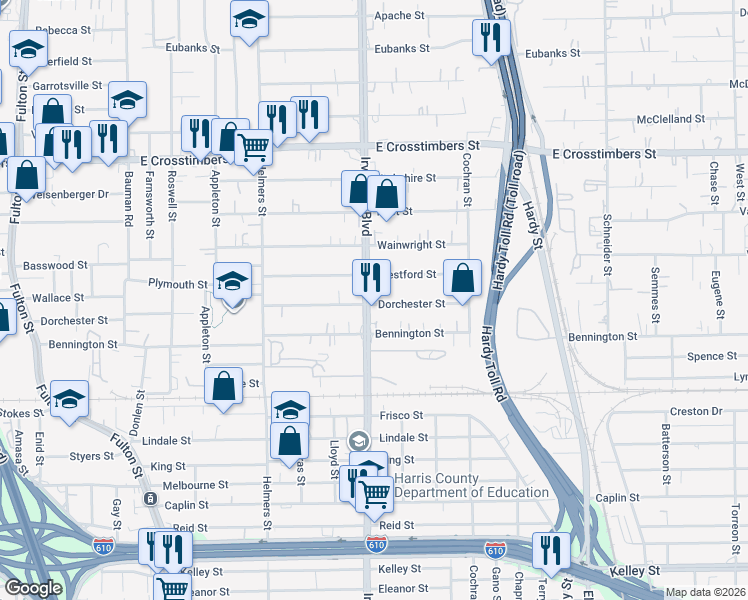 map of restaurants, bars, coffee shops, grocery stores, and more near in Houston