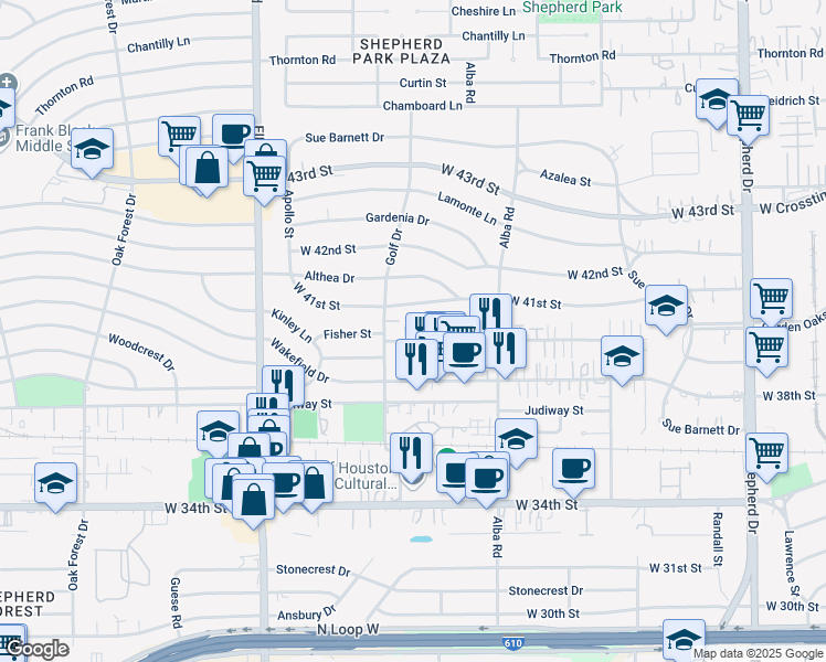 map of restaurants, bars, coffee shops, grocery stores, and more near 960 Fisher Street in Houston