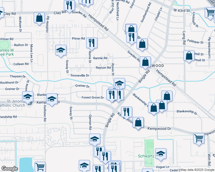 map of restaurants, bars, coffee shops, grocery stores, and more near 3111 Farmington Street in Houston