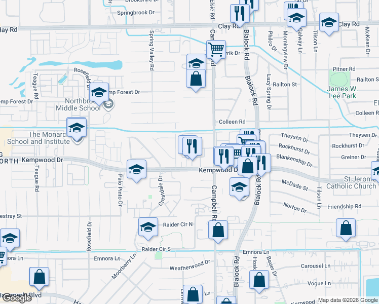 map of restaurants, bars, coffee shops, grocery stores, and more near 3306 Springrock Lane in Houston