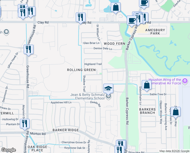 map of restaurants, bars, coffee shops, grocery stores, and more near 18730 Wonder Land Way in Houston