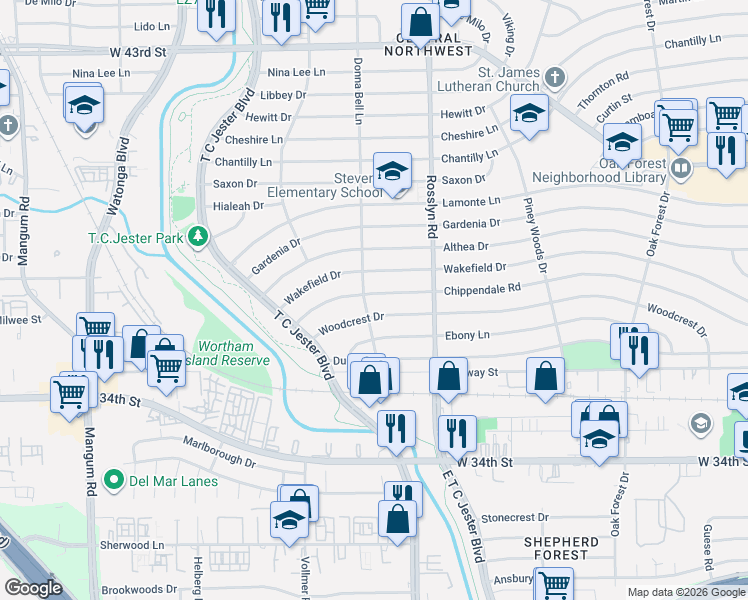 map of restaurants, bars, coffee shops, grocery stores, and more near 1910 Woodcrest Drive in Houston