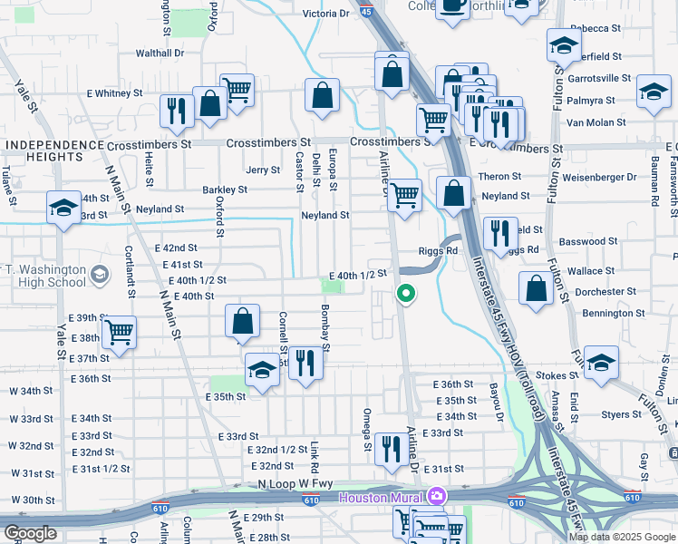 map of restaurants, bars, coffee shops, grocery stores, and more near 4032 Europa Street in Houston