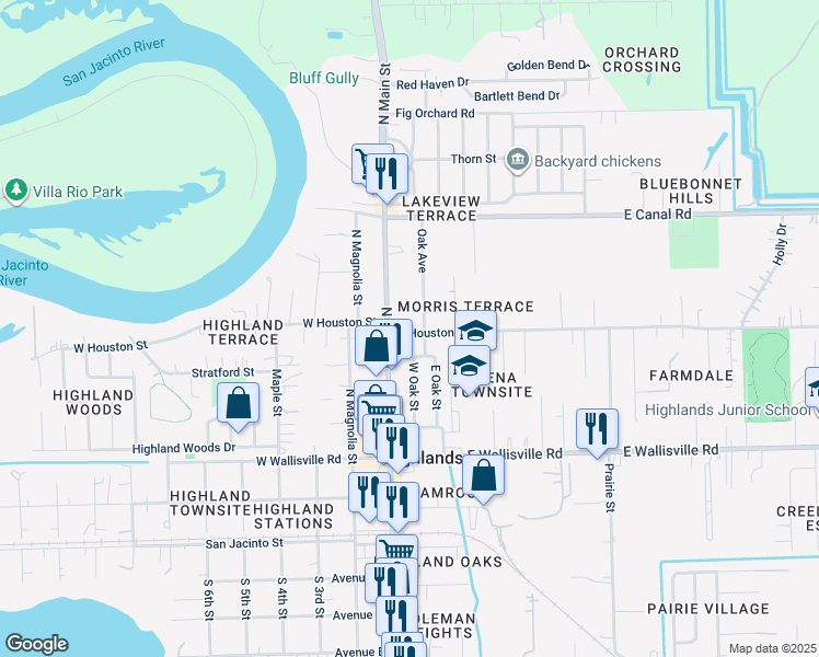 map of restaurants, bars, coffee shops, grocery stores, and more near 108 East Houston Street in Highlands